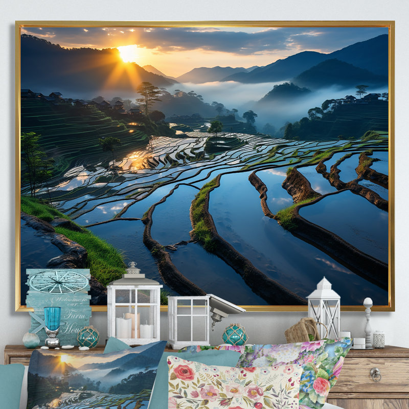 Coucher de soleil sur les champs chatoyants de Chine - art mural Chine, Cadre flottant doré, H 12 po x l 20 po x P 1 po