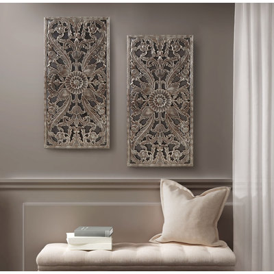 2-Piece Distressed Carved Wood Wall Decor Set - Rustic Farmhouse Home Decor for Living Room & Bedroom