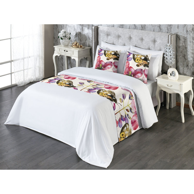 Ensemble de chemin de lit Ambesonne Jungle Boho Spring Violets Moth Art Pale Earth Yellow and Ruby, Très grand lit