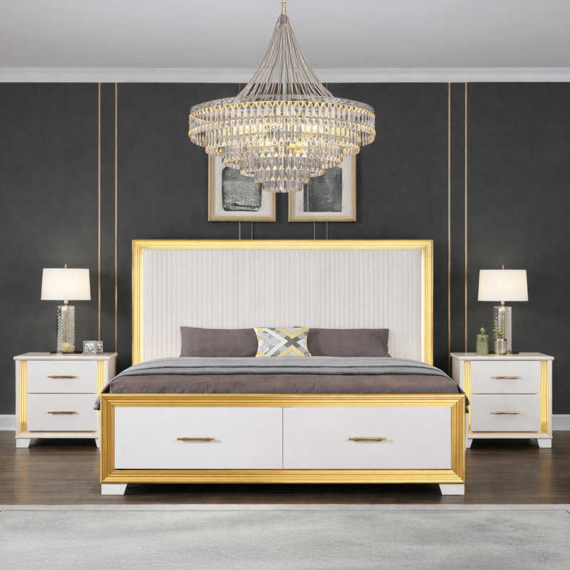 Javario King 3PC White & Gold, 3 Pcs: Bed, 2 Nightstands, King