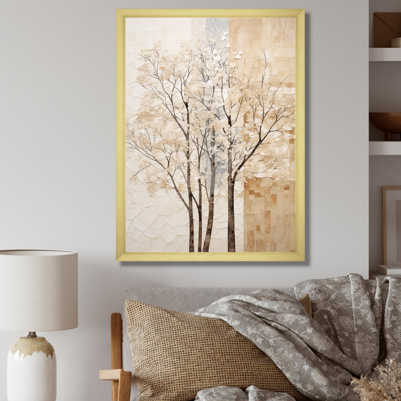 «Beige Trees Oak Solitude VII», reproduction sur toile, Cadre photo doré simple, H 32 po x l 24 po x P 1 po
