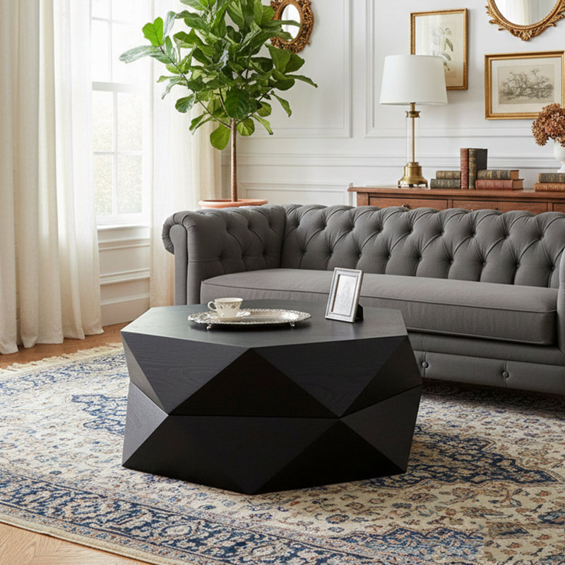Table basse 36,61 po style rétro Polygon, table basse cylindrique en placage de bois massif, Noir