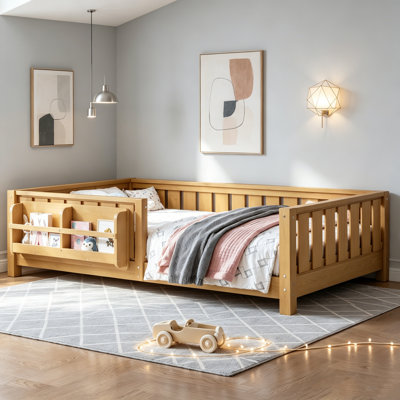 Lit sur pied, lit plateforme pour enfant avec lattes et garde-corps de sécurité, lit sur pied Montessori avec bibliothèque latérale intégrée, lit de jour pour enfants en bois, cadre de lit sur pied pour filles et garçons