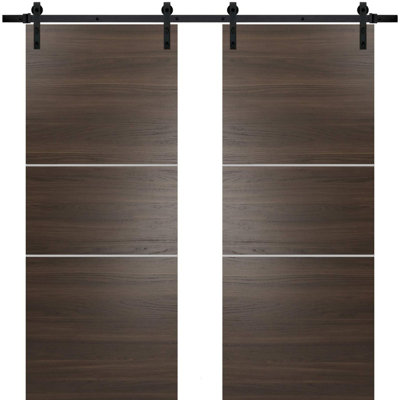 Sturdy Double Barn Door with Hardware Planum 0110 Chocolate Ash 13FT Rail Hangers Heavy Set Modern Solid Panel Interior Doors-36" x 84" (2* 18x84)-Black Rail