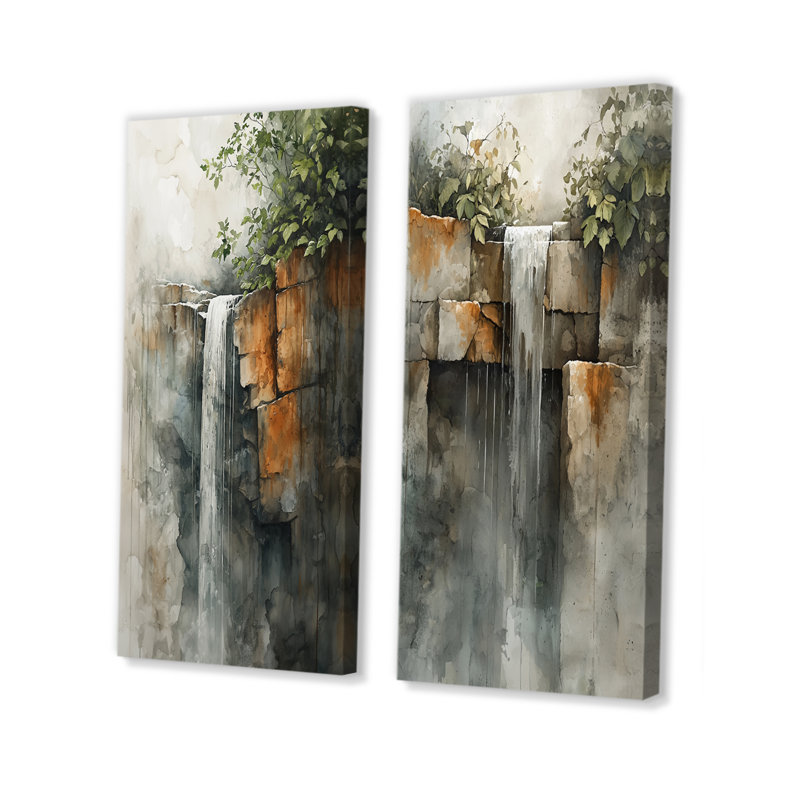 Chute d'eau Oasis I - Ensemble de 2 pièces d'art mural en cascade, H 28 po x l 24 po, Toile tendue sur cadre