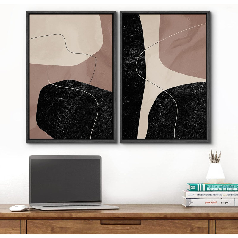 Reproduction de style Mid-Century de style Mid-Century brun, brun et brun clair, variété de formes abstraites, chic moderne sur toile, 2 pièces