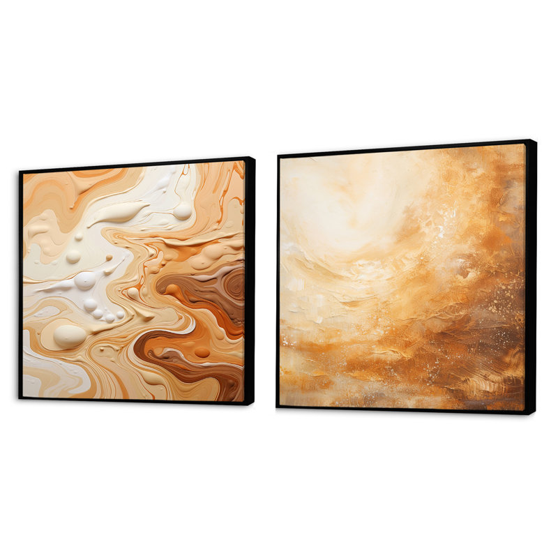 Abstrait Mirage Macchiato - Ensemble de 2 collages carrés à formes abstraites, Cadre flottant noir, H 36 po x l 73 po