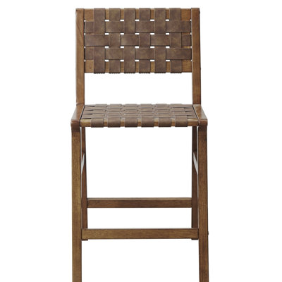 Faux Leather Woven Counter Stool 24"h - Solid Wood Frame With Pecan Finish, Mid Century Design, Separate Accent Chair Available Back And Seat, Construction, Color, Style, 300 Lbs Limit