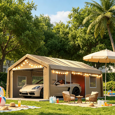 Abri d'auto robuste de 240 po x l 156 po x H 132 po, 8 pieds renforcés et auvent en PE de 14 mil, remise extérieure avec 4 portes à enroulement et fenêtres ventilées, garage portatif pour camionnette et bateau.