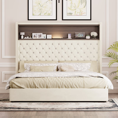 Structure de lit double capitonnée en velours avec USB et veilleuse - tête de lit à oreilles 52 po avec tablette, beige