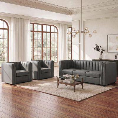 Allard 3-Piece Swivel Channel Tufted Upholstered Faux Leather Mid-Century Modern Sofa Couch Accent Chair Living Room Furniture Set
