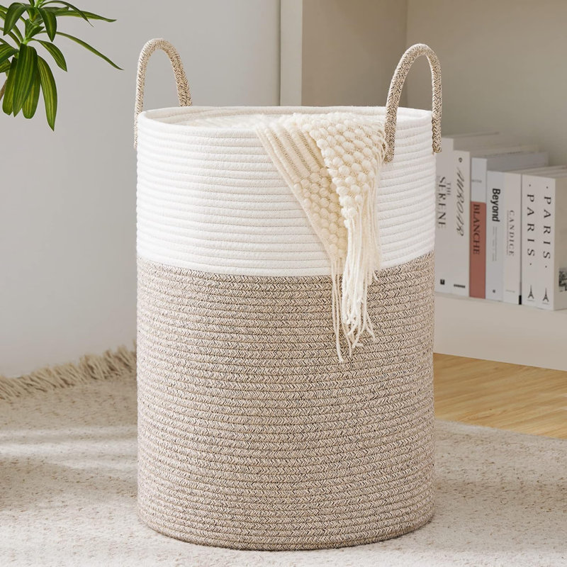Fabric Laundry Hamper with Handles, White/Brown