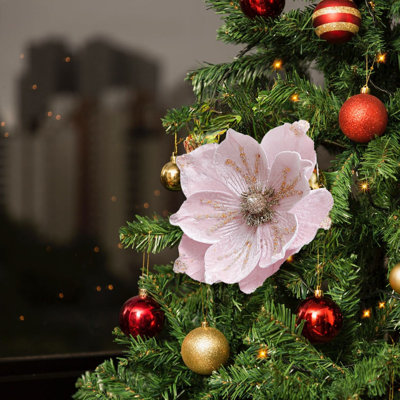 Kbndieu Artificial Fake Flowers Faux Silk Flowers 24CM Powder Flocking Christmas Flower Magnolia High-end Fabric Christmas Decoration Simulation Flower