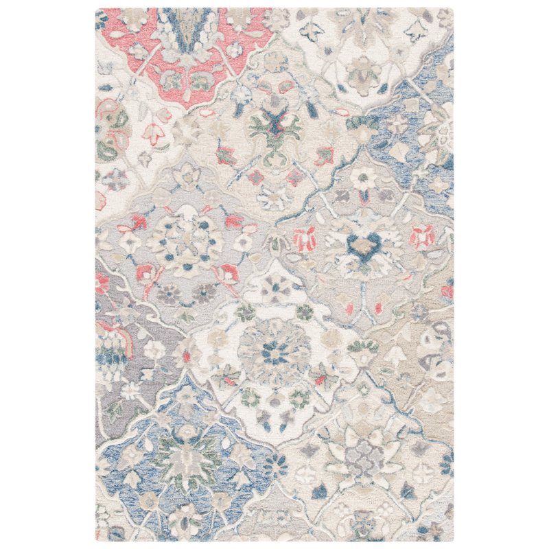 Tapis rose / bleu marine / ivoire en laine touffeté à la main de style oriental Tecumseth, Rectangle de 10 pi x 14 pi