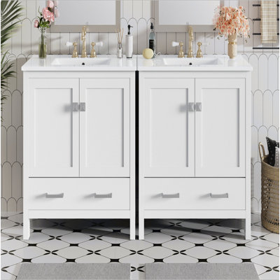 Meuble-lavabo blanc 72 po avec lavabo en céramique, portes à fermeture en douceur, tablettes de rangement doubles et tiroir divisé - Armoire de salle de bain moderne avec beaucoup de rangement