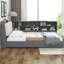 Lit plateforme double en bois gris avec tête de lit, tablettes intégrées, 2 tiroirs et confort favorisant une installation durable