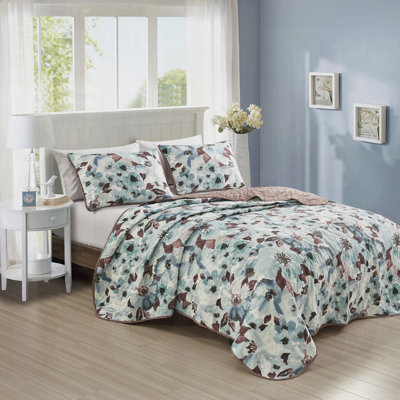 3 Piece Reversible Microfiber Bedspread Set Featuring Floral Print Design,King