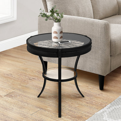 Accent Table, Side, End, Nightstand, Lamp, Round, Clear Tempered Glass, Black Metal, Transitional