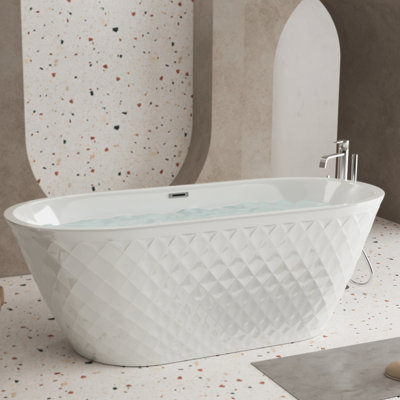 Baignoire autoportante en acrylique, 59 pouces, forme ovale, finition blanc brillant, bonde centrale, style contemporain, isolation à double paroi, installation sans effort, design moderne, savoir-faire exquis,