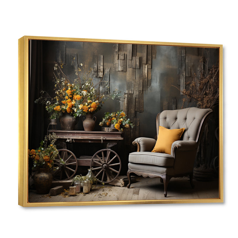 «Country Charm Rustic Serenity», reproduction d'art sur toile, H 34 po x l 44 po x P 1,5 po, Cadre flottant doré