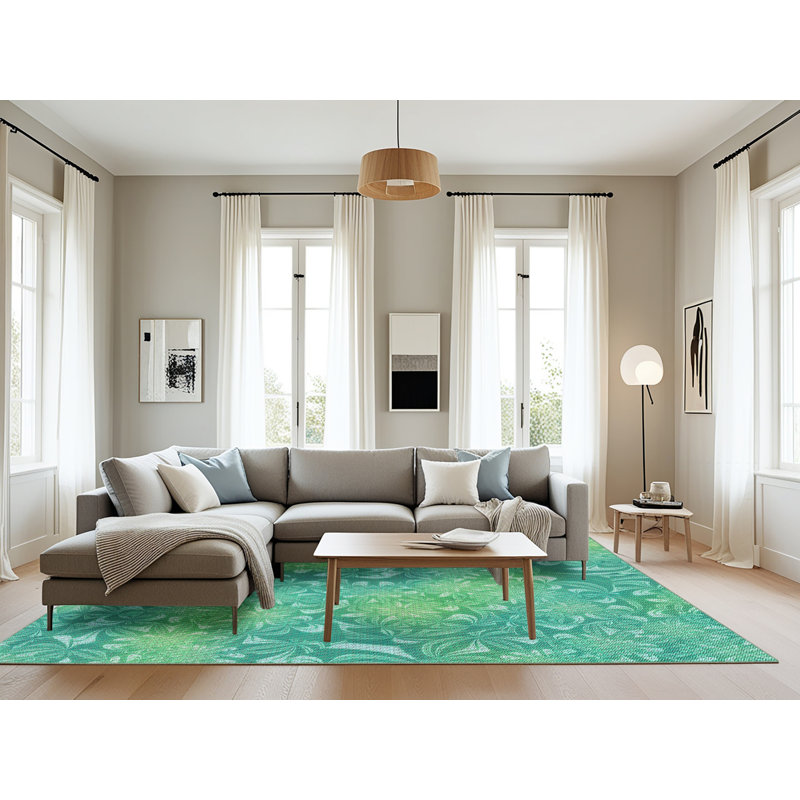 Tapis vert/jaune à motifs, Rectangle 8 pi x 12 pi