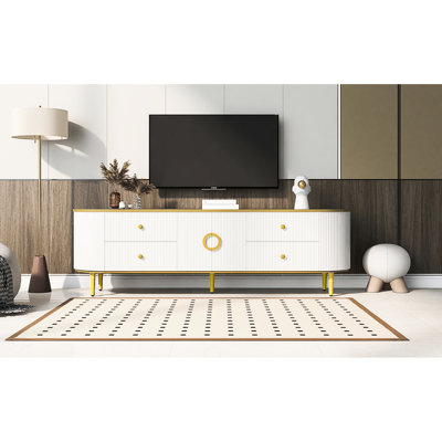 Meuble télé pour le divertissement à domicile, 4 tiroirs et 1 armoire, blanc, pieds en métal, console luxueuse de 70 à 79 po avec et en métal, peut accueillir jusqu'à 80 téléviseurs, opulence de salon