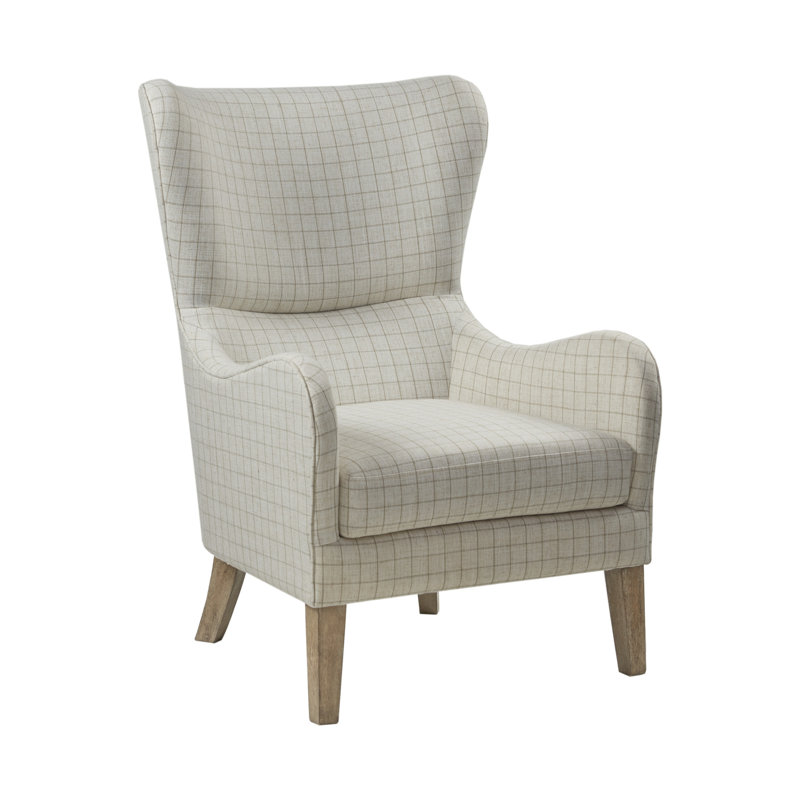 Arshveer 27.5" W Transitional Plaid Upholstered Wingback Armchair, Linen