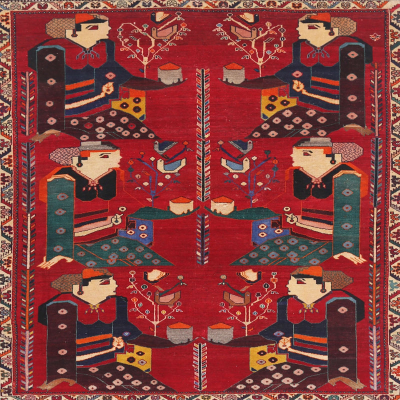 Tapis traditionnel rouge / vert / brun, Carré 6 pi