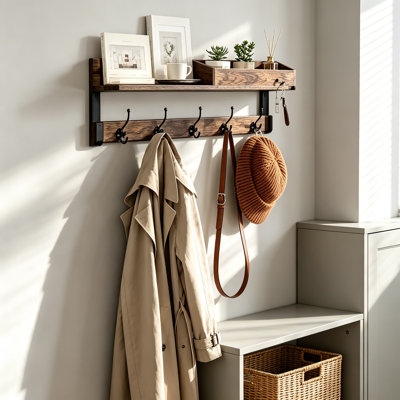 Rustic Wall Mounted Coat Rack with Shelf, Industrial Wood Entryway Hook Organizer with Sturdy Hooks for Hanging Coats, Hats, Bags, and Towels