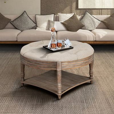 Grande table basse ronde avec repose-pieds imperméable surdimensionné à 2 niveaux avec capitonnage à boutons et tablette en bois