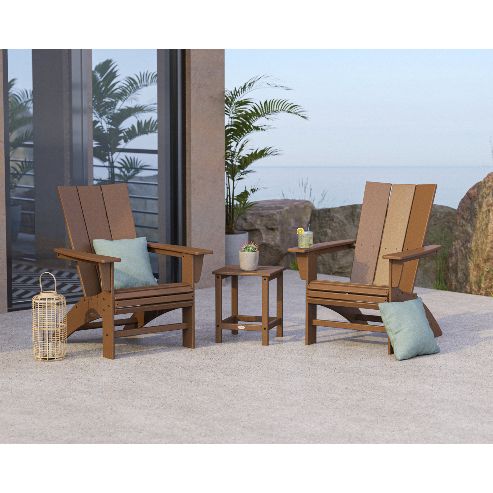 POLYWOOD® Modern 3-Piece Curveback Adirondack Set with Side Table, Sand