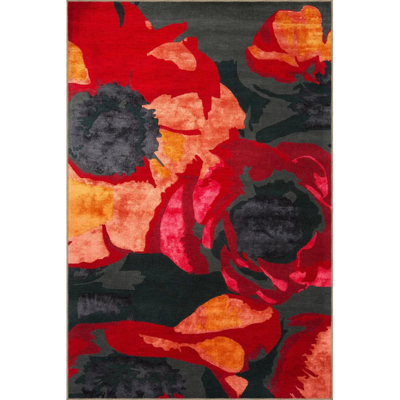 Red Gray Themed Abstract Flower Rose Pattern Creative Modern Decorative Carpet, Rectangle 4'8" x 6'7"