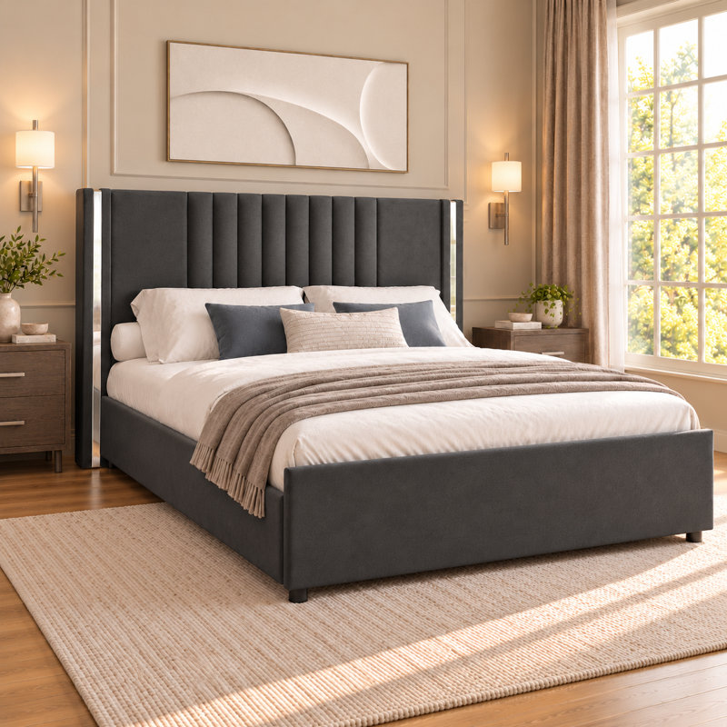 Lit plateforme tapissier Velvet, Grand lit, Gris