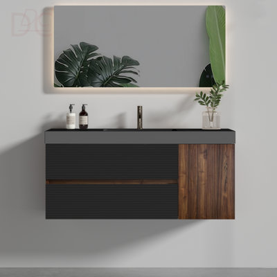 48" Bathroom Vanity With Matt Black Engineered Quartz Sink And Soft Black Drawers & A Door, Wall Mounted Floating Bathroom Vanity For Modern Bathroom, Matt Black Basin, Pre-Assembled
