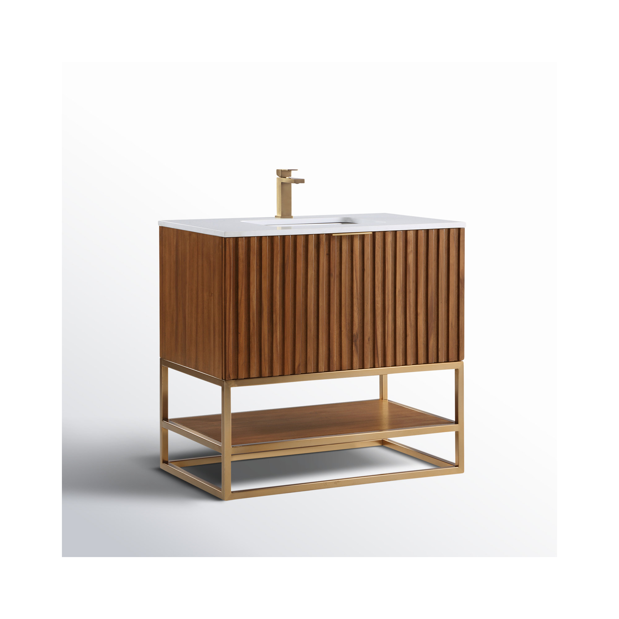 Terra 36'' Single Bathroom Vanity, Satin Brass, Walnut, White Quartz/Single Faucet Mount