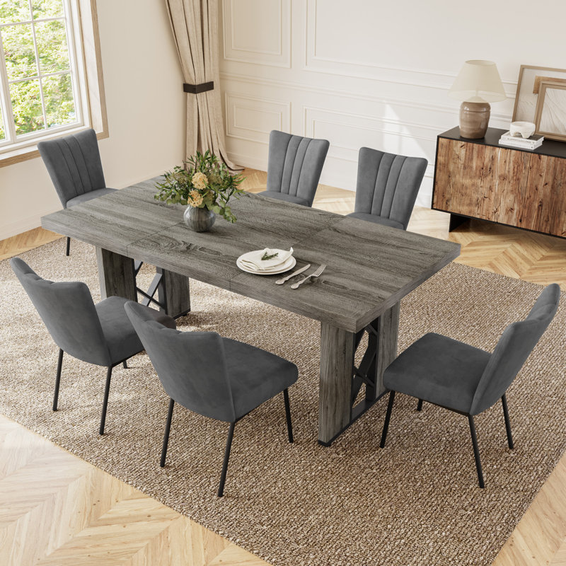 Rectangular Dining Table Set of 4, 180 cm Grey Oak Finish Top with 4 Corduroy Dining Chairs, Modern MDF Minimalist Kitchen Table for Dining Rooms, Kitchens