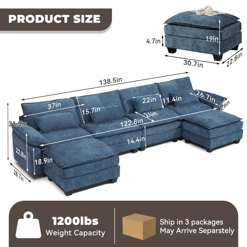 Cloud Couch Sectional With USB, Chenille, Depth 24In, Blue Chenille