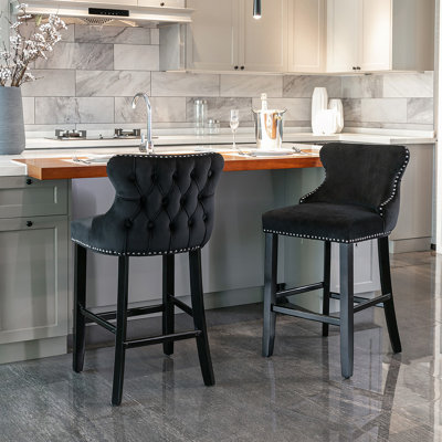 Velvet Upholstered Wing-Back Barstools with Button Tufted Decoration and Wooden Legs