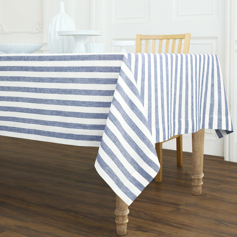 100% Pure Linen Tablecloth - Fete, 120" L x 60" W, Navy/White
