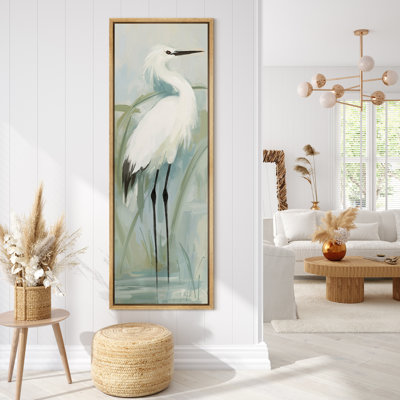 Aigrette blanche debout dans un marais, oiseau minimaliste, œuvre d'art moderne - très grand, reproduction d'art sur toile encadrée