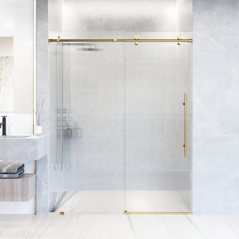 Porte de douche coulissante sans cadre avec verre cannelé 3/8 po Elan E 56 po x l 76 po, Droite, Or