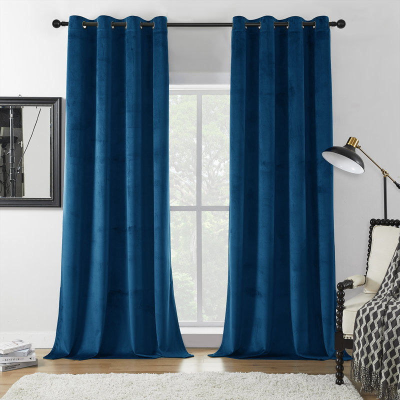 Deavion Velvet Solid Color Metal Grommets Room Darkening Curtain Panels, Dark Blue, 52" W x 108" L