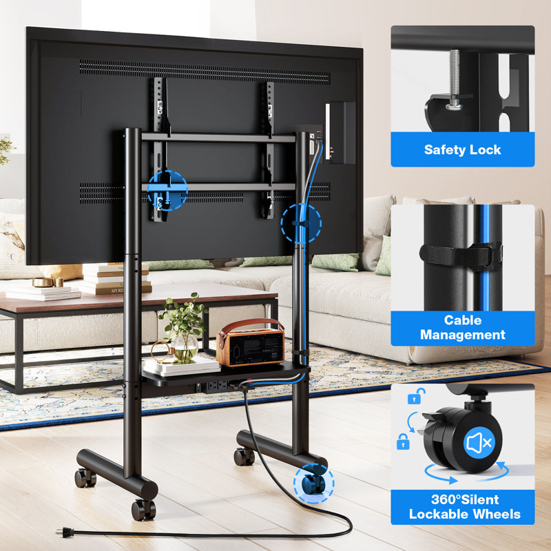 Meuble télé sur roulettes avec prise de courant pour téléviseurs de 40 à 75 po, meuble télé portatif sur roulettes jusqu'à 110 lb