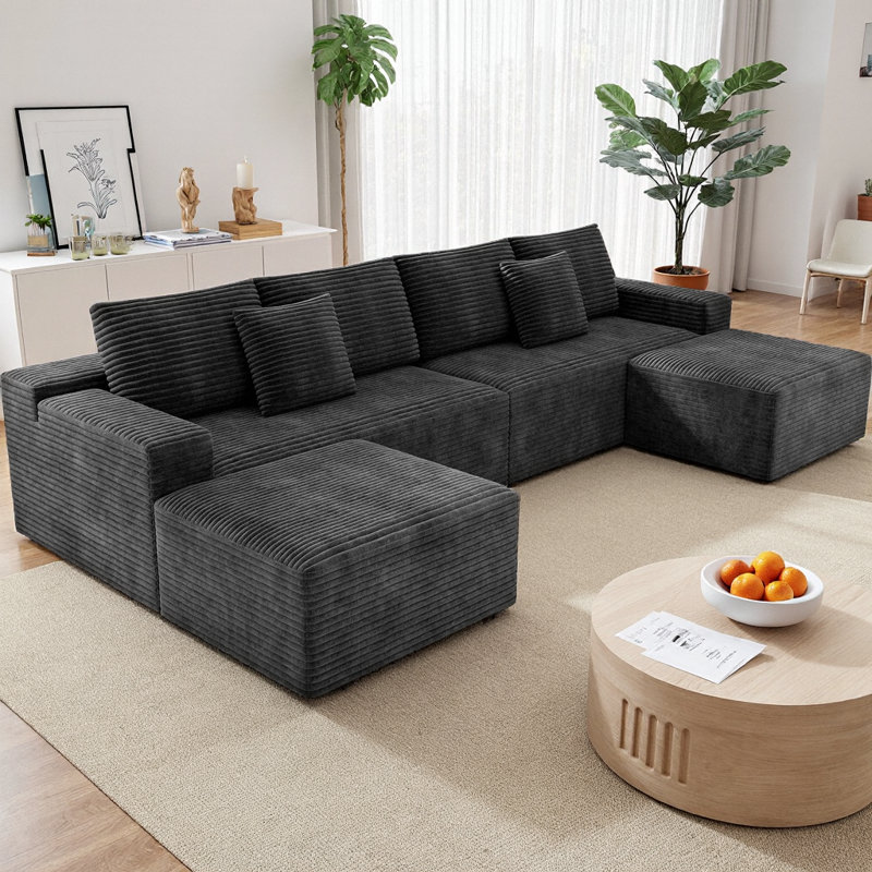 Boneless U-Shaped Sectional Sofa with 2 Ottomans, Plush Corduroy Fabric Modular Couch, No Assembly Required, Upholstered Seating Group, 6-Seat Capacity