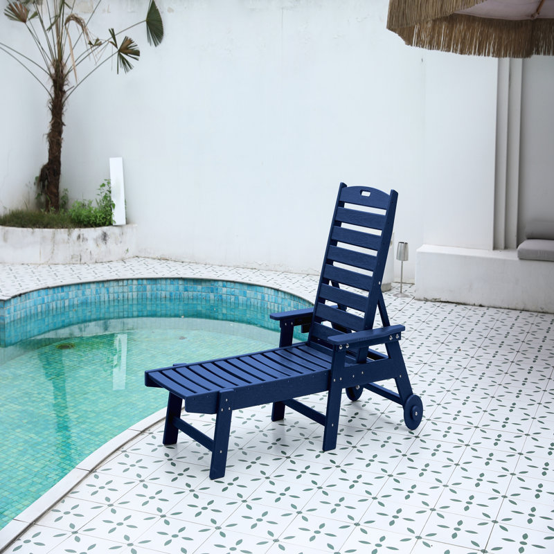 Oversized Outdoor Chaise Lounge Chair With 5 Adjustable Positions, HDPE Material, Wheels, And Cup Holder For Patio, Deck, Or Poolside, Navy Blue