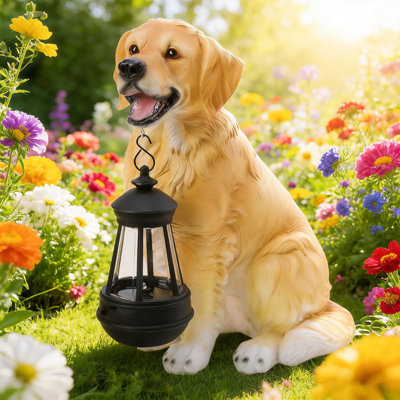 Statue de chien 11,4 pouces avec lanterne solaire, statue Golden Retriever, statue de chien, décoration pour patio, pelouse et statue d'extérieur, résistant aux intempéries