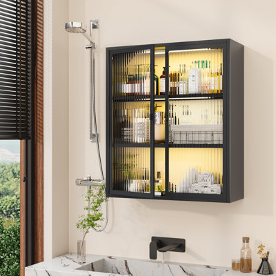 Armoire à pharmacie avec portes en verre cannelé, armoire de rangement au-dessus de la toilette avec capteur de lumière, organisateur de salle de bain mural en métal pour la salle de bain et la cuisine (noir)