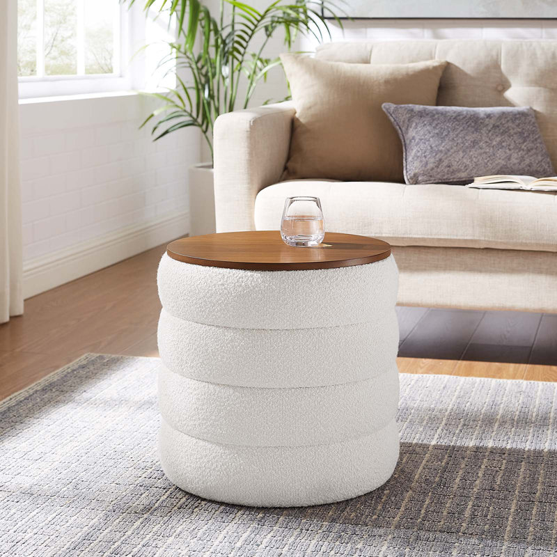 Cloud Boucle Fabric Round Storage Ottoman with Wood Grain Veneer Lid