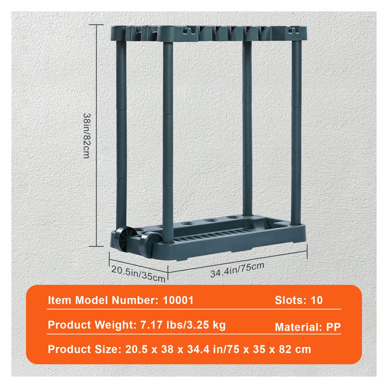 Support de rangement robuste pour outils de jardin avec roulettes - Support à outils à 10 fentes pour garage, remise et rangement extérieur