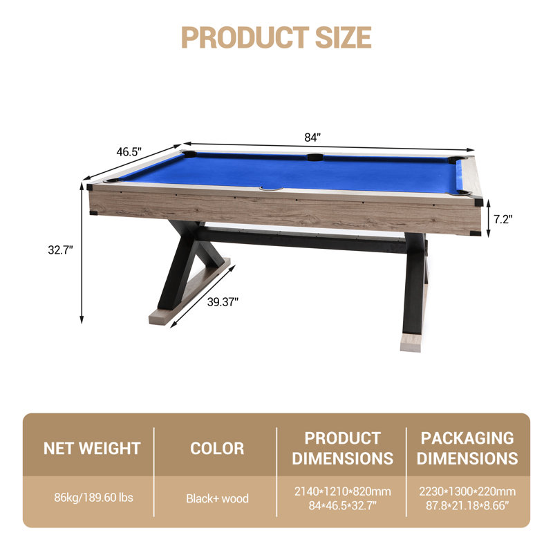 Table de billard de 84 po, table de billard de 7 pi avec base en X, 2 bâtons de queue, boules de billard, porte-queues et brosse de nettoyage